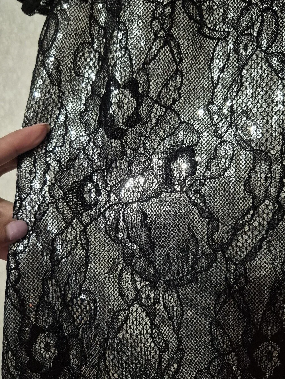 Michael Kors Silver Metallic Lace-Overlay Puff Sleeve Shift Dress-Size:L